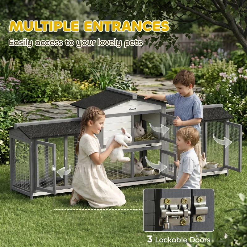 PawHut 90.5" Wooden Rabbit Hutch Bunny Cage Pet Playpen House Enclosure with Double Side Run Boxes, No Leak Tray, Light Gray