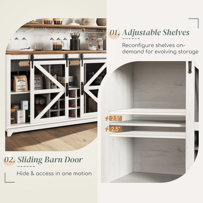 HOMCOM 55" Coffee Bar Cabinet with Lights, Farmhouse Wine Cabinet with Wine and Glass Racks for Kitchen, Dining Room, White