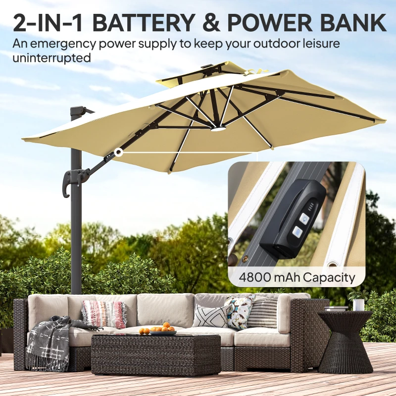 Outsunny 10ft. Solar LED Cantilever Umbrella, Offset Hanging Umbrella with 360°Rotation, Cross Base, 8 Ribs, Tilt and Crank for Yard, Khaki