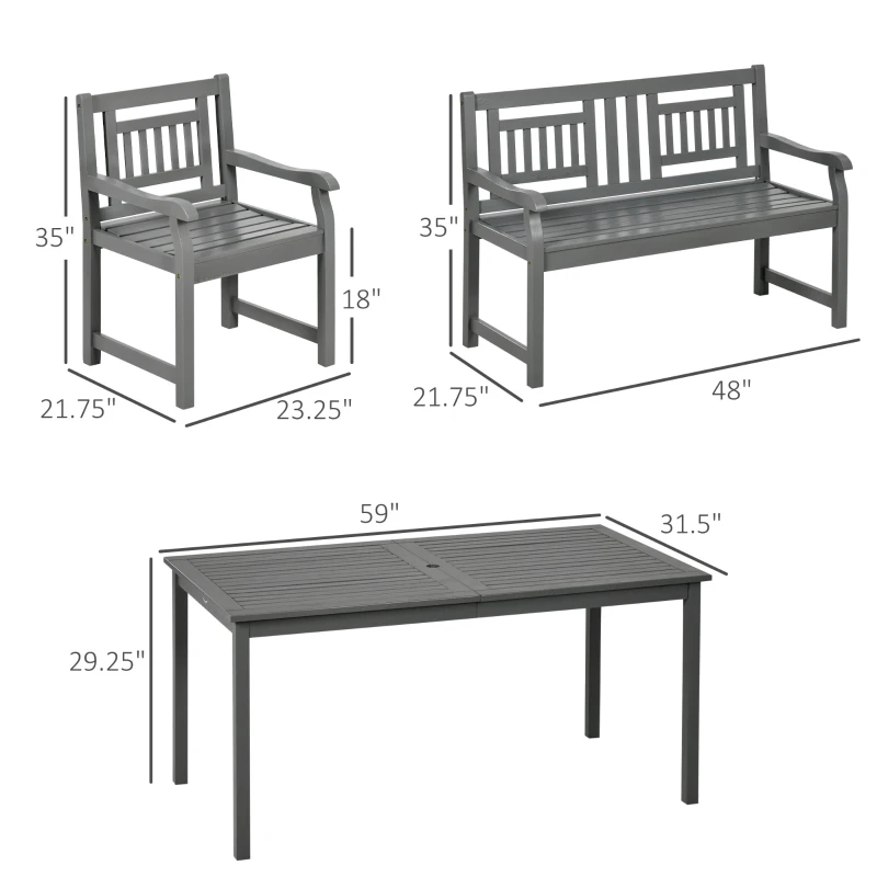 Outsunny 6 Piece Patio Dining Set, Outdoor Poplar Wood Furniture Set, Umbrella Hole Table and Chairs with Bench for Porch, Backyard, Balcony, Outside Garden, Dark Gray