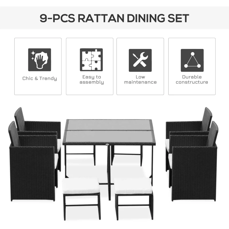Outsunny 9 Pieces Patio Wicker Dining Set, PE Rattan Garden Sectional Sofa Outdoor Space-Saving Furniture Sets, White