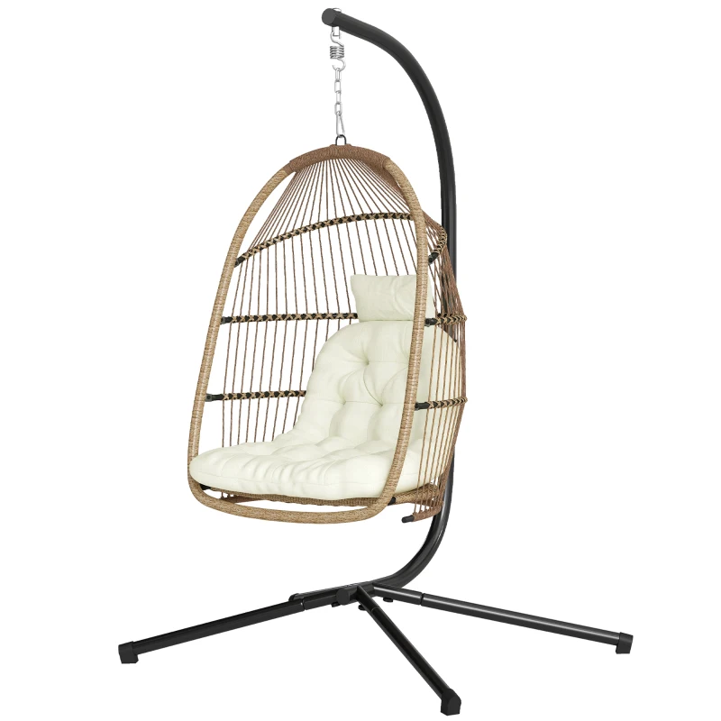 Outsunny Wicker Egg Swing Chair with Stand, Foldable Hanging Egg Chair with UV Resistant Cushion, Headrest, Beige