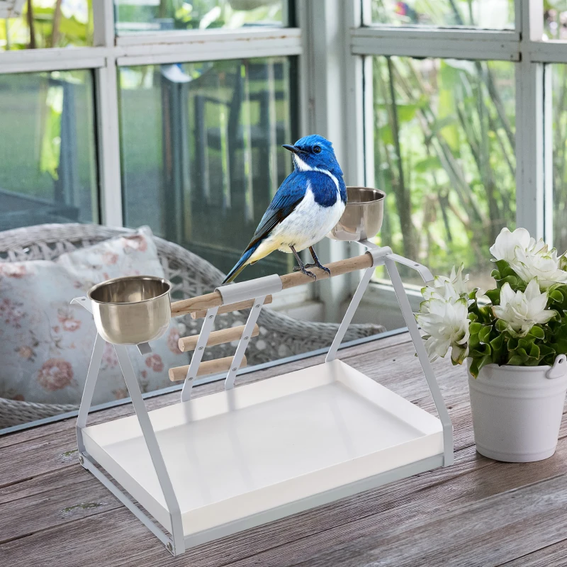 PawHut Portable Bird Play Perch Stand with Wooden Perch, Stainless Steel Feeding Bowls, & an Easy-Clean Tray, White
