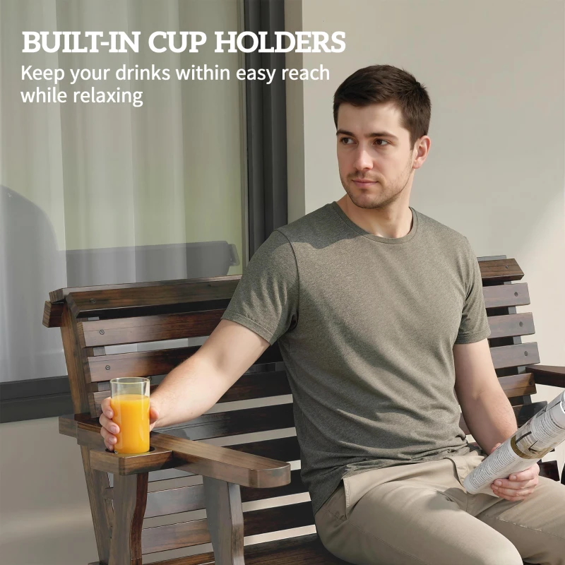 Outsunny Outdoor Glider Bench, Wooden Glider Chair with 2 Cupholders, Slatted Seat and Armrests, Patio Swing Rocking Loveseat