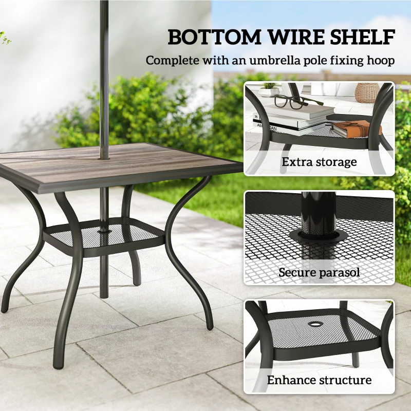 Outsunny 37" Square Outdoor Dining Table for 4, Patio Table with Umbrella Hole, Shelf, Faux Wood Top for Garden, Backyard, Gray