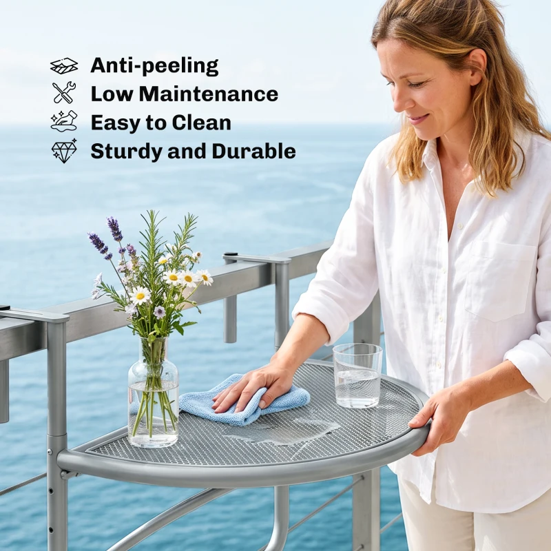 Outsunny Adjustable Balcony Hanging Railing Table, Metal Mounting Mini Wall Desk Storage Rack, Outdoor Flower Stand Serving Table Half Round, Grey