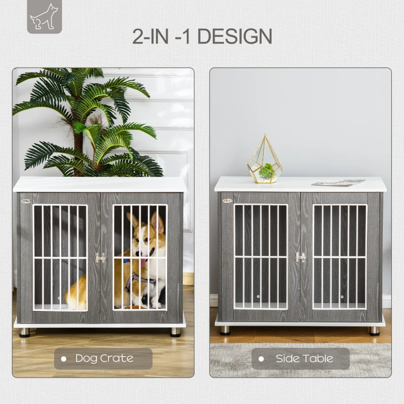 PawHut 34'' 2-in-1 Wooden Dog Kennel, Modern Wire Animal Crate, Pet Cage with Lockable Door and Adjustable Foot Pads, for Small and Medium Dogs, Grey and White