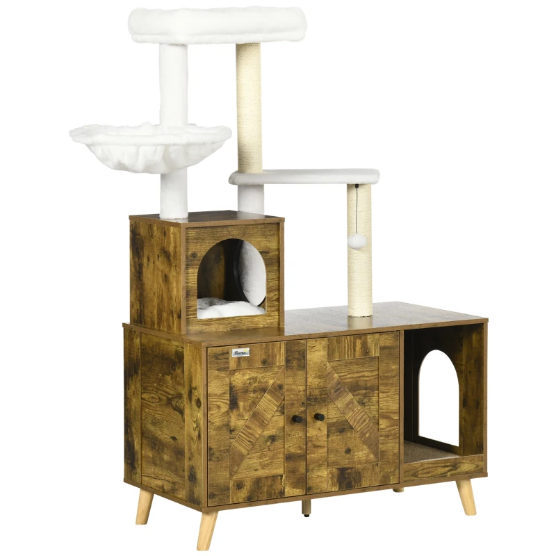 PawHut Cat Tree with Litter Box Enclosure,  2-in-1 Cat Tower Litter Box Furniture Indoor, Cat Condo with Hammock, Scratching Posts Pad, Rustic Brown