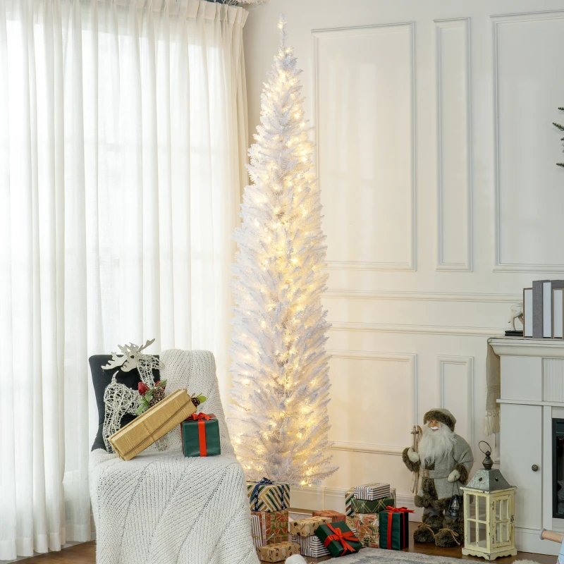 HOMCOM 8ft Pencil Christmas Tree, Slim Artificial Christmas Tree with Realistic Branches and Warm White LED Lights, White