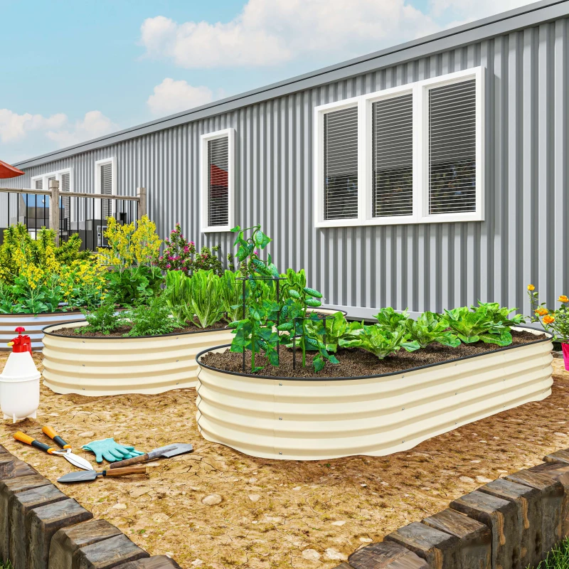 Outsunny 7' x 3' x 1' Raised Garden Bed Set, 2PCS Raised Beds for Gardening with Metal Plant Stakes, Cream White