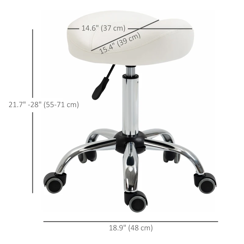 HOMCOM Ergonomic Saddle Stool with Wheels, Adjustable PU Leather Saddle Chair, 360° Swivel, NO Back Pain, Healthy Posture, Salon Chair for Massage Medical Home, White