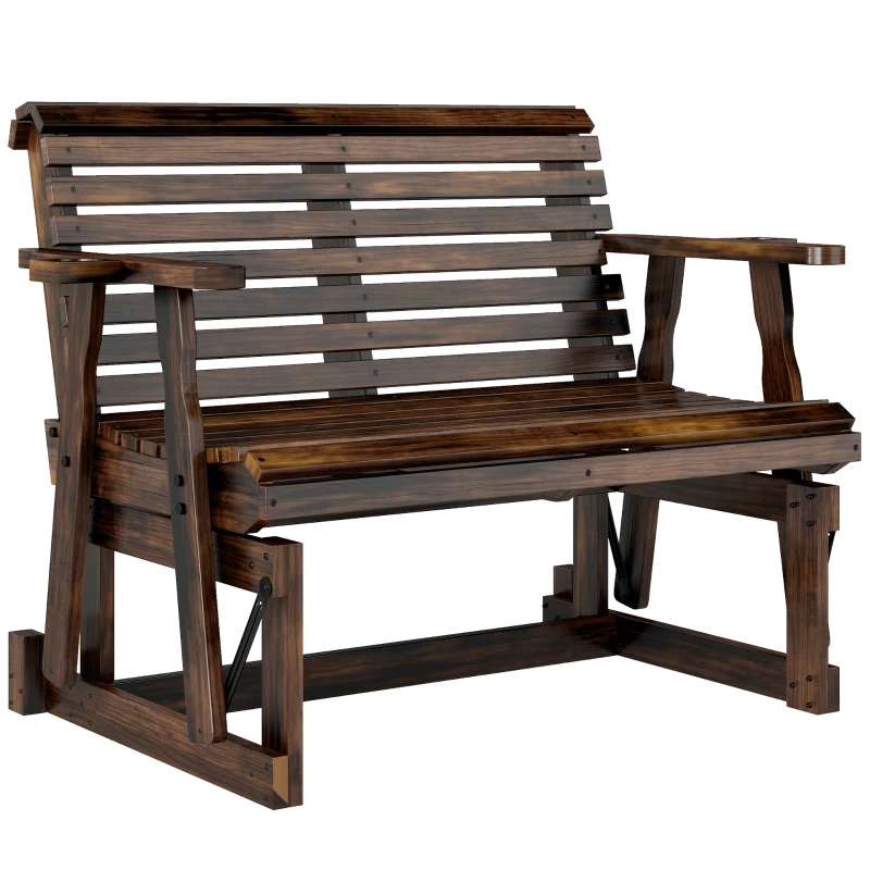 Outsunny Outdoor Glider Bench, Wooden Glider Chair with 2 Cupholders, Slatted Seat and Armrests, Patio Swing Rocking Loveseat