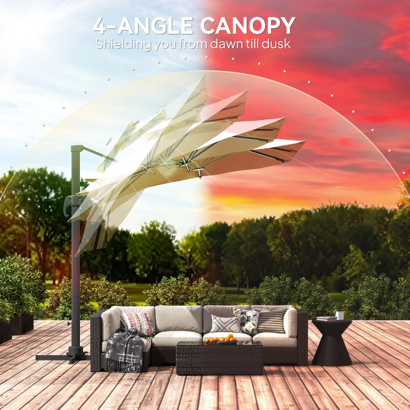 Outsunny 10ft. Solar LED Cantilever Umbrella, Offset Hanging Umbrella with 360°Rotation, Cross Base, 8 Ribs, Tilt and Crank for Yard, Khaki
