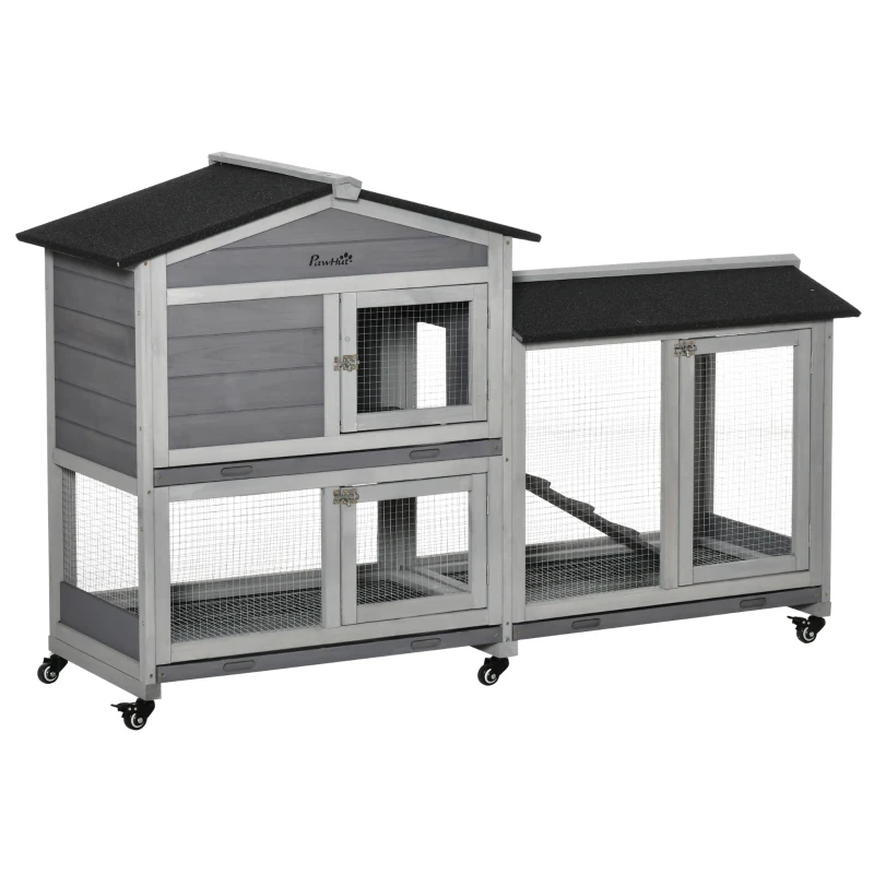 PawHut 62" Wooden Rabbit Hutch with Wheels, Run Box, Tray, Ramp for Small Animals, Guinea Pig, Indoor Outdoor Use, Light Grey