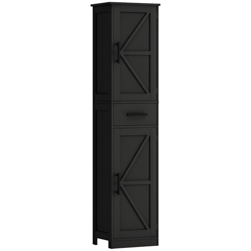 HOMCOM 67" Tall Bathroom Cabinet, Narrow Bathroom Storage Cabinet with Drawer, Barn Doors and Adjustable Shelves, Black