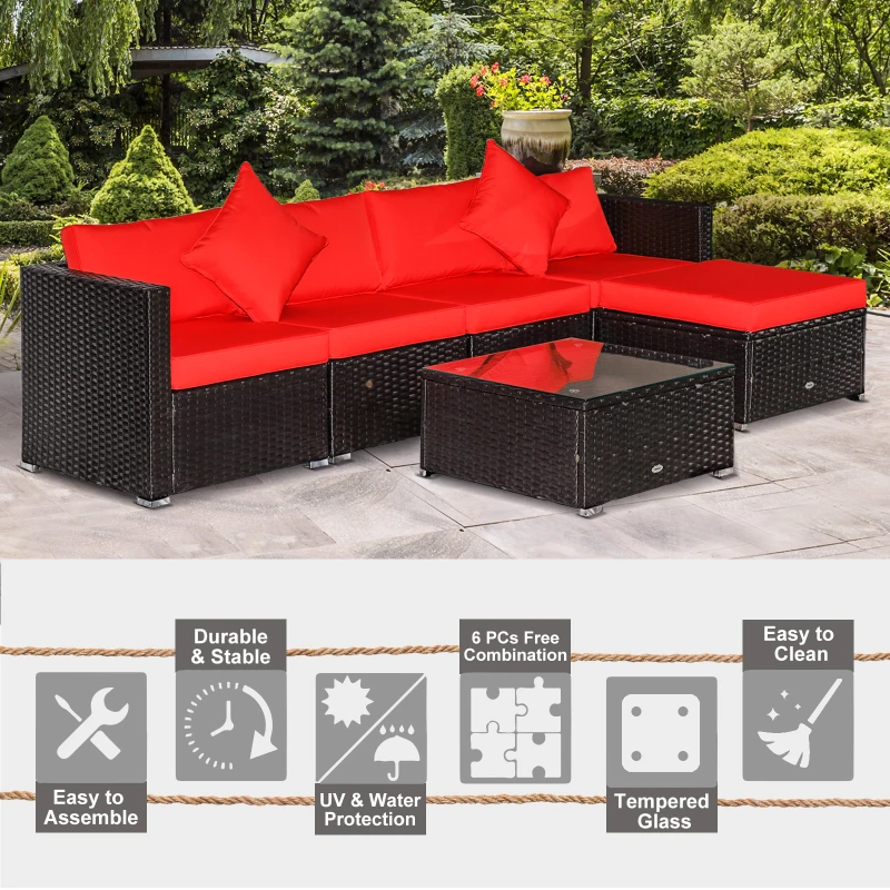 Outsunny 6 Piece Patio Furniture Set Outdoor Wicker Conversation Set All Weather PE Rattan Sectional Sofa Set with Ottoman, Cushions and Tempered Glass Table, Coffee and Red