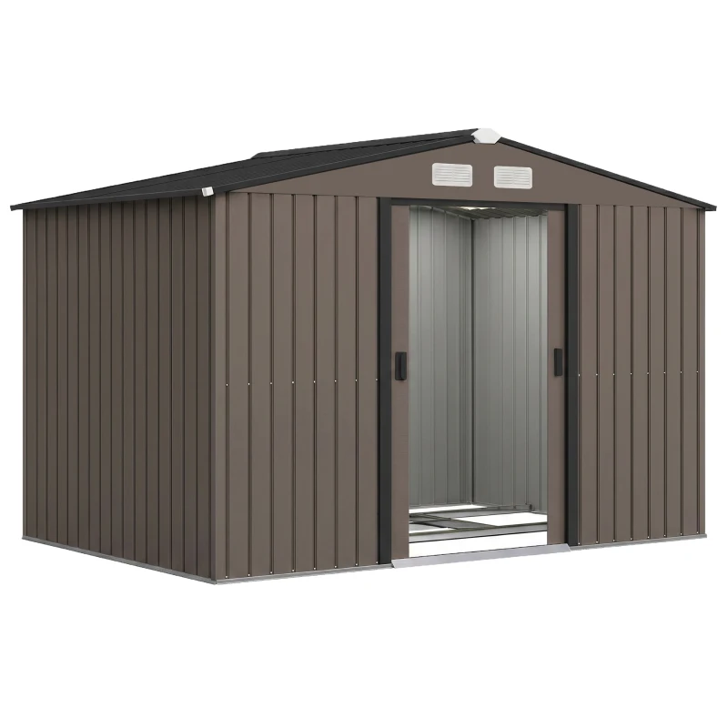Outsunny Outdoor Shed Garden Storage Shed Tool Storage Building with 4 Vents and 2 Sliding Doors, 9 x 6 FT, Brown