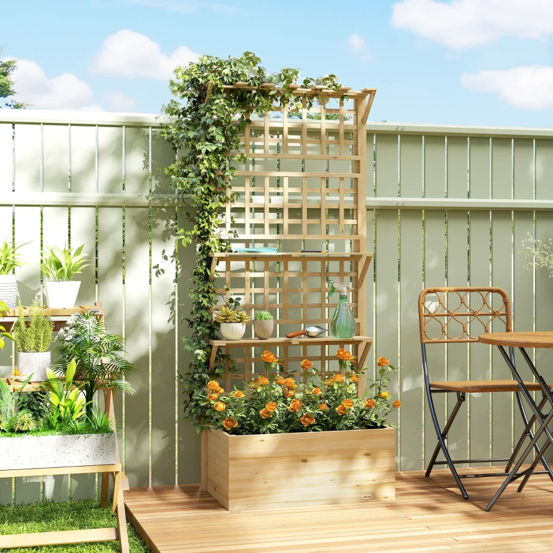 Outsunny Wooden Raised Garden Bed with Trellis and Roof, Elevated Planter Box with 2 Shelves, Drainage Hole and Liner, Natural