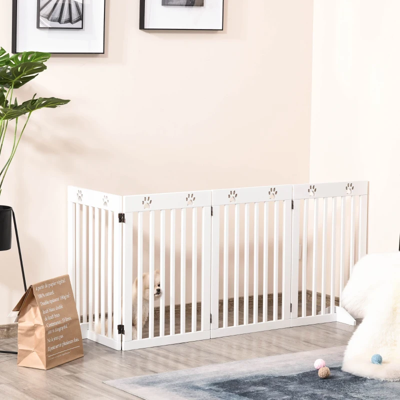 PawHut 29"H Freestanding Folding Pet Gate, Wooden Dog Barrier Fence, with 4 Panels and Dual Hinged Design for Doorways, or Stairs, White