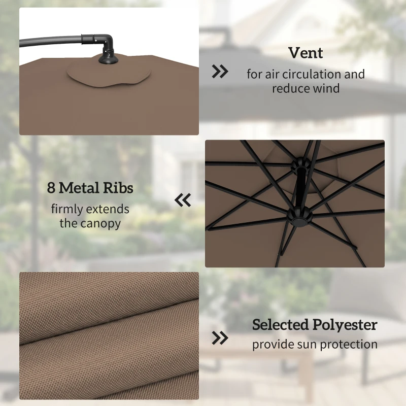 Outsunny 9.6ft Offset Patio Umbrella Garden Hanging Parasol Banana Cantilever Umbrella with Base, Crank, Coffee
