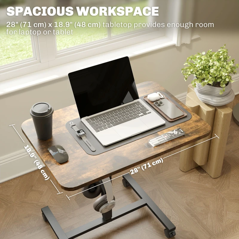 HOMCOM Height Adjustable Standing Desk, Pneumatic Sit Stand Desk with Wheels and Headphone Hook, Rustic Brown