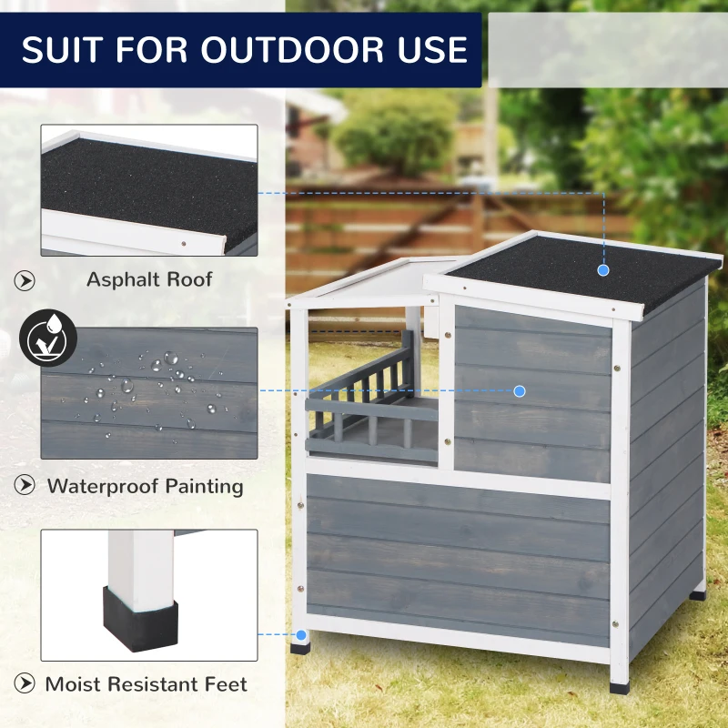 PawHut 2-Story Wooden Cat House Feral Cat Shelter with Transparent PVC Canopy, Balcony, Escape Door and Openable Weatherproof Roof for Outdoor, Grey