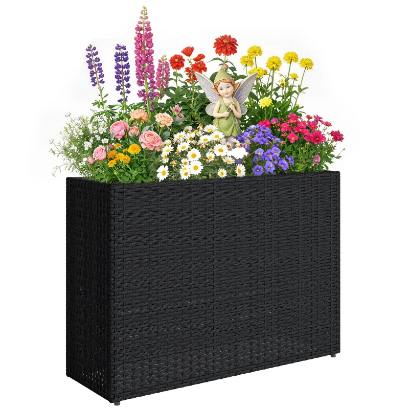 Outsunny Tall Rectangular Planter with Removable Liner, Holes, PE Wicker Large Planter Box for Indoor Outdoor Plants, Black