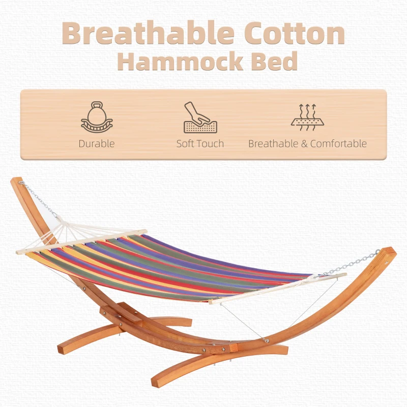 Outsunny Outdoor Hammock with Stand, Extra Large Heavy Duty Wooden Frame, No Tree Needed, 12.8' Indoor Outside Boho Style Nap Bed, Natural Cotton, Rainbow