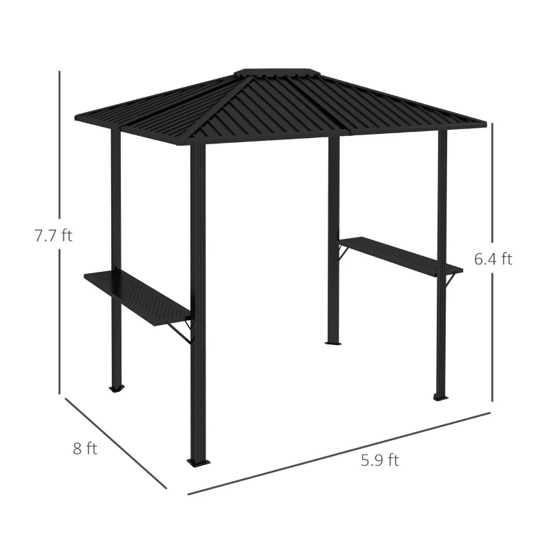 Outsunny 6' x 8' Metal Roof BBQ Grill Gazebo, Hardtop Gazebo with Aluminum Frame and 2 Side Shelves