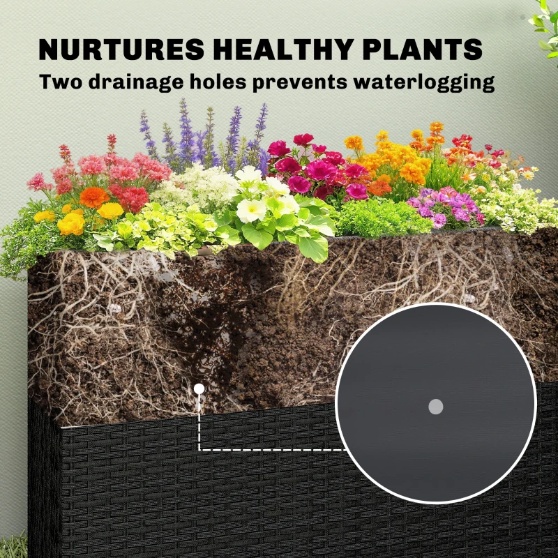 Outsunny Tall Rectangular Planter with Removable Liner, Holes, PE Wicker Large Planter Box for Indoor Outdoor Plants, Black
