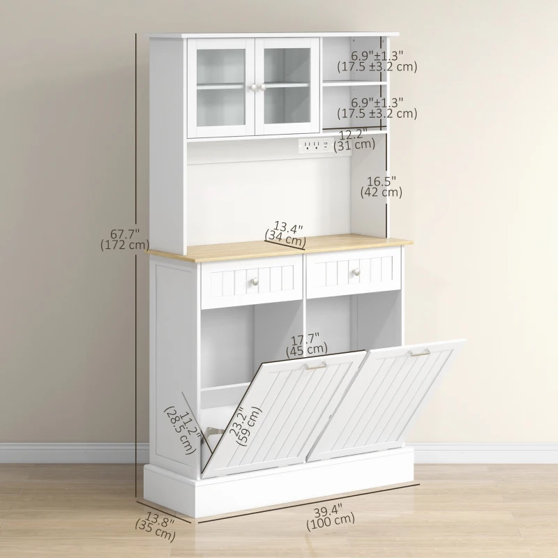 HOMCOM Kitchen Cabinet with Charging Station, 2 Tilt Out Cabinets, Microwave Stand, Freestanding Kitchen Pantry Cabinet, White