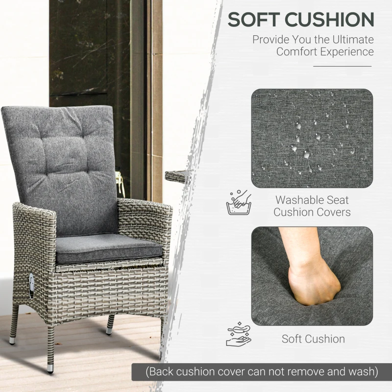 Outsunny 3 Piece Patio Bistro Set, PE Wicker Furniture Conversation Set w/ Tufted Cushion Reclining Chairs & Coffee Table, Gray