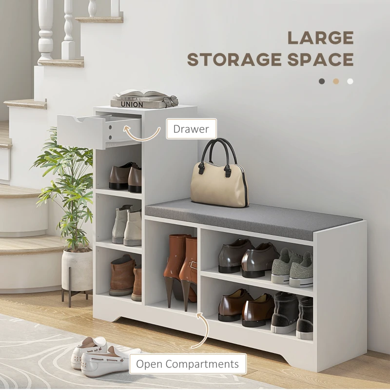HOMCOM Upholstered Shoe Storage Bench w/ Seat, Entrance Bench w/ Drawer and 6 Open Shelves for Hallway, White