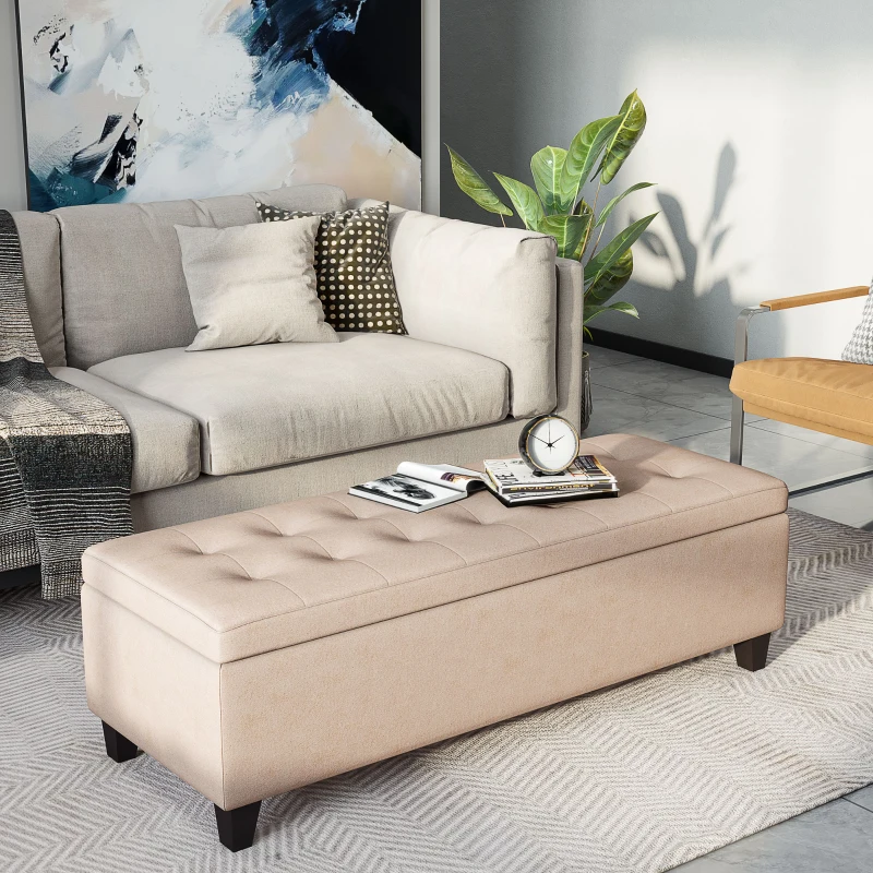 HOMCOM 50" Storage Ottoman Bench, Upholstered Ottoman Foot Rest with Linen Fabric and Soft Close Lid for Entryway, White