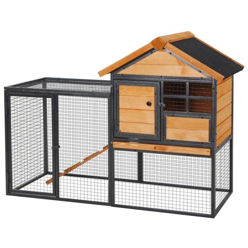 PawHut Rabbit Hutch Outdoor, 48"L Large Wooden Bunny Cage with Run, Bite-Resistant Metal Frame, Removable Plastic Tray, Asphalt Roof, Ramp, Guinea Pig Cage for 1-2 Rabbits, Yellow