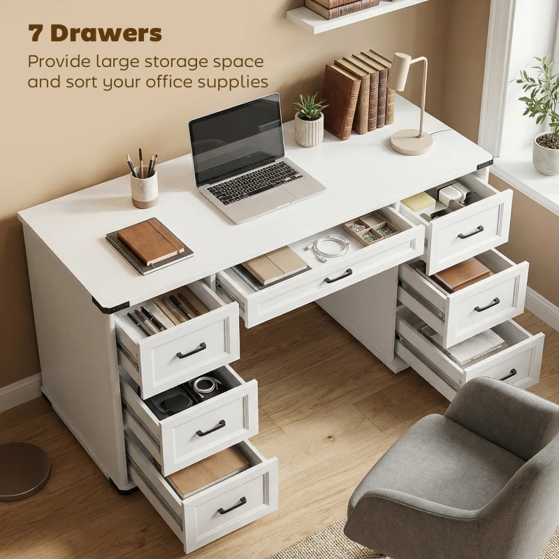 HOMCOM 55" Computer Desk with 7 Drawers, Farmhouse Executive Desk for Home Office, Study, Bedroom, White Wood Grain