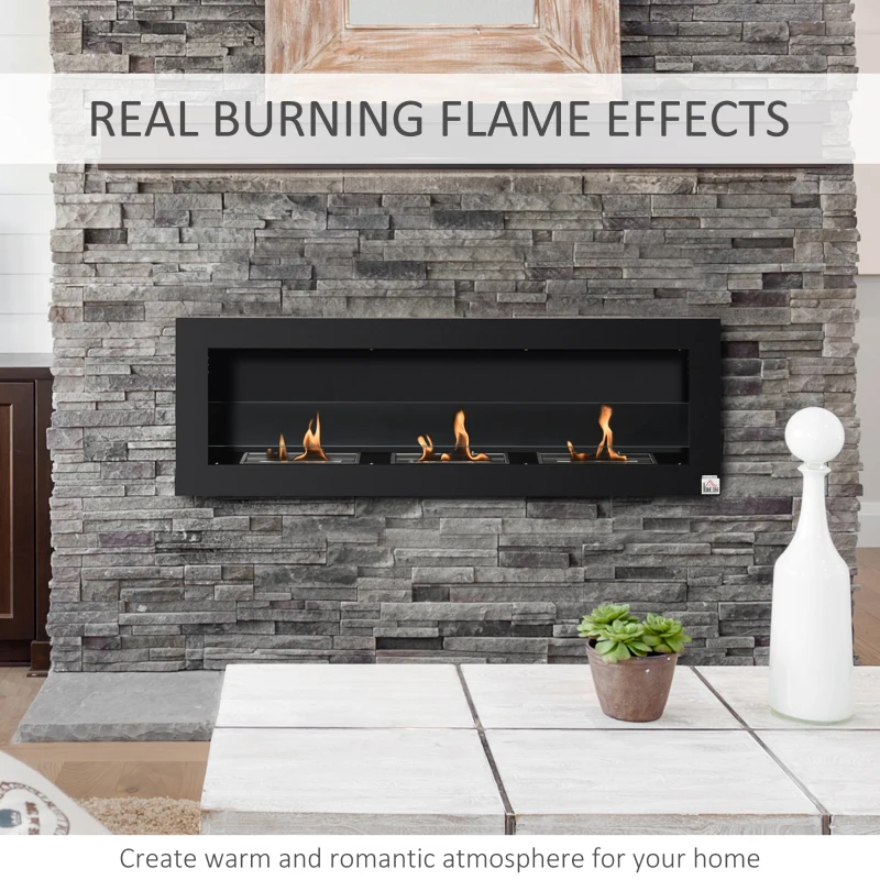 HOMCOM Ethanol Fireplace, 47.25" Wall-Mount 0.3 Gallon Steel 215 Sq Ft., Burns up to 3 Hours, Black