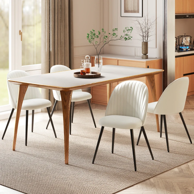 HOMCOM Set of 4 Modern Dining Chairs, Velvet Upholstered Kitchen Chairs with Steel Legs for Living Room, Cream White