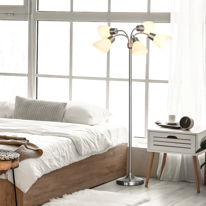 HOMCOM Arc Tree Floor Lamp with 5 Adjustable Rotating Lights, Modern Standing Gooseneck Reading Light for Living Room Bedroom Office, Satin Nickel