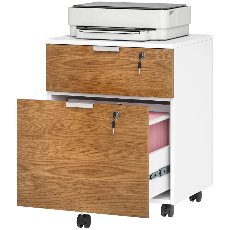 HOMCOM 2 Drawer Small Filing Cabinet Lockable Office Storage Cabinet with Hanging Bars for A4 Legal Letter White Nature Wood