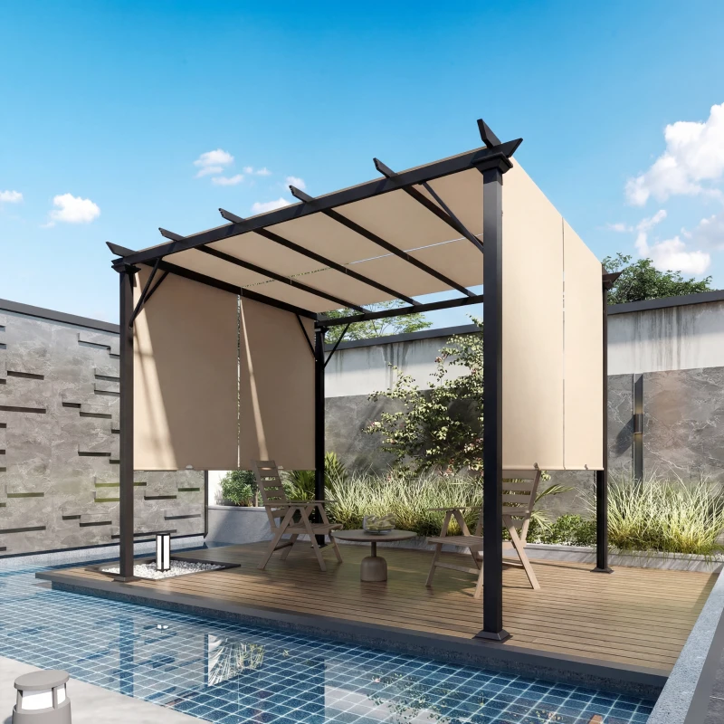 Outsunny 12' x 10' Outdoor Patio Gazebo Pergola with Retractable Canopy Roof, Steel Frame with Stakes, Light Brown