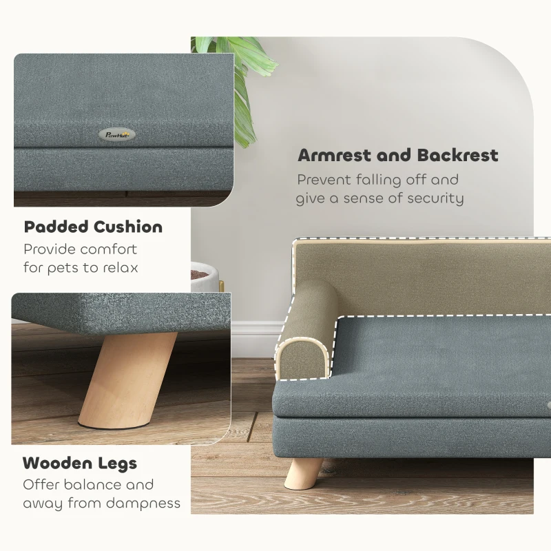 PawHut Dog Bed, Large Dog Couch with Washable Cover, Wooden Legs, Elevated Fancy Foam Pet Sofa for Medium & Large Breeds, Gray