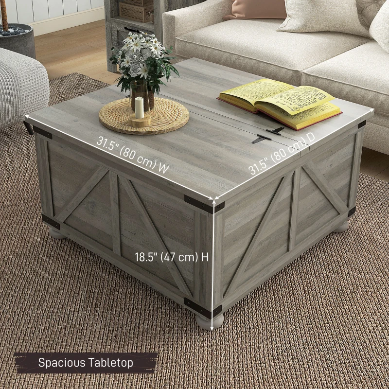 HOMCOM Farmhouse Coffee Table, Square Center Table with Flip-top Lids, Hidden Storage Compartment and Wooden Legs, Distressed Grey