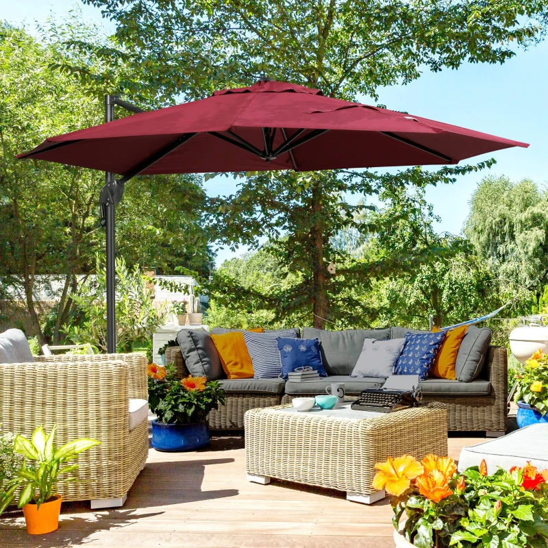 Outsunny 10ft Offset Patio Umbrella with Base, Hanging Aluminum and Steel Cantilever Umbrella with 360° Rotation, Easy Tilt, 8 Ribs, Crank, Cross Base for Poolside, Garden, Red