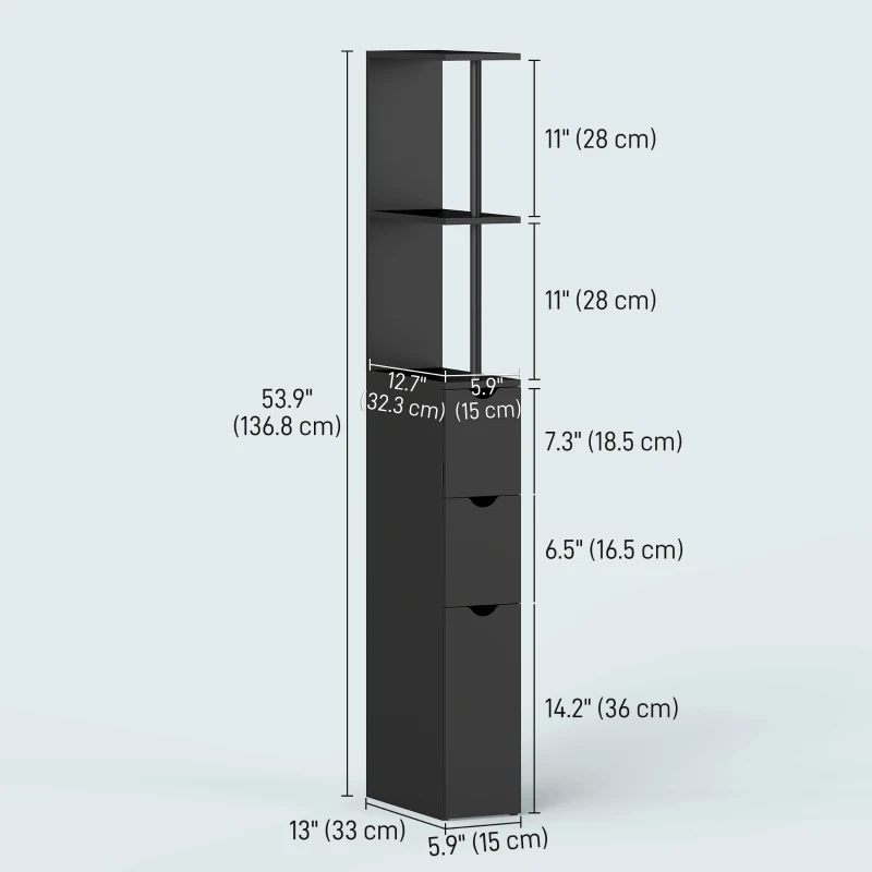 HOMCOM Tall Bathroom Storage Cabinet, Narrow Bathroom Cabinet with Drawers and Open Shelves for Small Spaces, Black