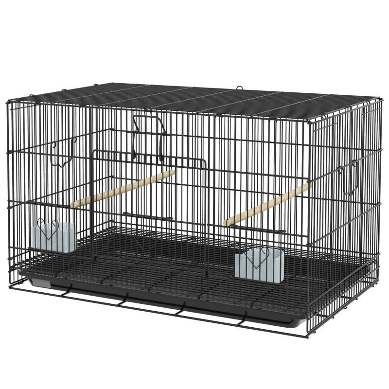 PawHut Birdcage for Canaries, Lovebirds Finches, Budgie Cage with Removable Tray, Bottom Mesh Panel, Wooden Perches, Food Containers, 30"L x 18"W x 18"H, Black