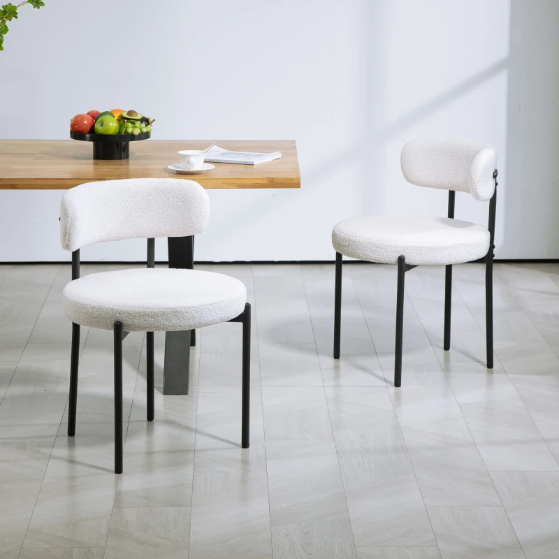 HOMCOM 2 Pieces Kitchen Chairs, Modern Dining Chairs w/ Berber Fleece Upholstery and Steel Legs for Living Room, Cream White