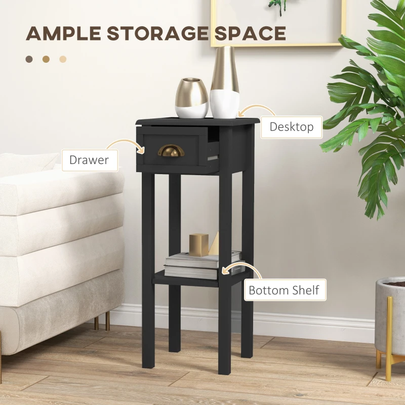 HOMCOM 2-Tier Side Tables Set of 2 with Drawer and Shelf, 2 Pieces End Tables for Living Room and Hallway, Black