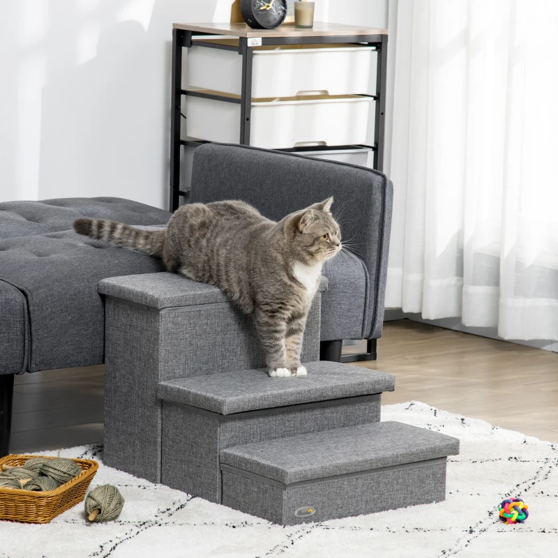 PawHut 3-Step Pet Stairs with Storage, Dog Steps for Couch, Bed, Gray