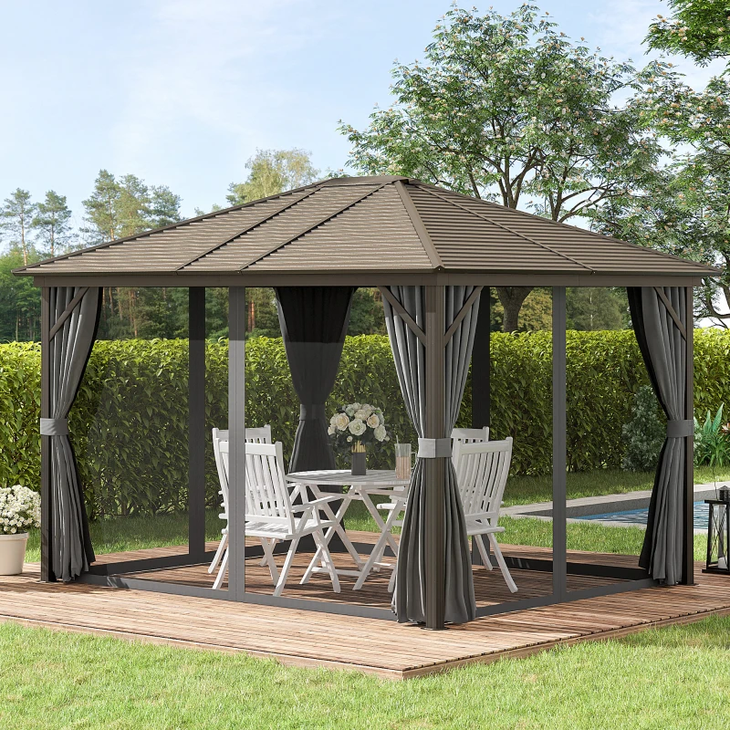 Outsunny 10' x 12' Hardtop Gazebo with Curtains and Netting, Gazebo Canopy with Aluminum Frame and Hooks, Dark Gray